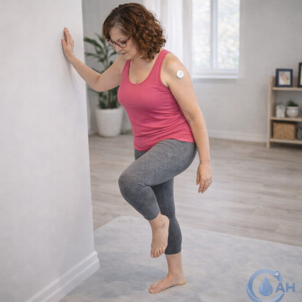 Například přenášení váhy ze strany na stranu s rukou na zdi. ✔️ Zlepšuje stabilitu a prevenci pádů. ✔️ Aktivní svaly pomáhají lepší citlivosti na inzulin. 10–14 minuta: Most s oporou (na podložce)  Leh na záda, kolena pokrčená. Zvedni pánev jen pár centimetrů. Pokud chceš, dej pod pánev blok nebo pevný polštář a zůstaň 1–2 minuty.  ✔️ Posílí hýždě ✔️ Podpoří bedra bez přetížení